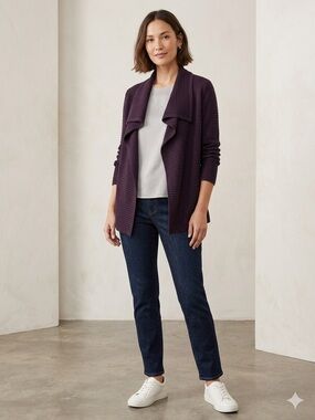 Eileen Fisher Purple 100% Silk Draped Open Front Cardigan Sweater PM